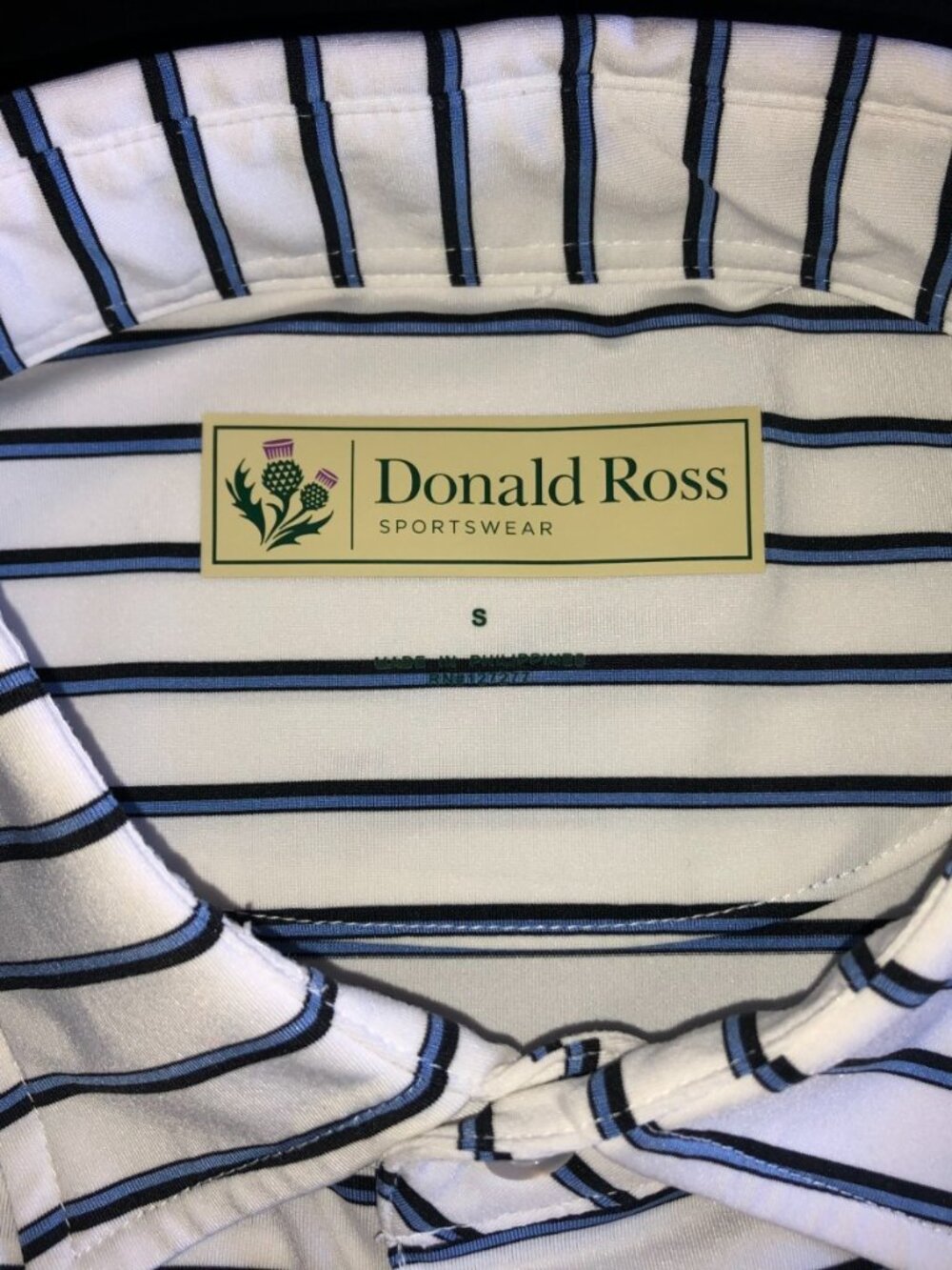 Donald Ross Mens Golf Polo Shirt Short Sleeve White Blue / Black Stripes Small
